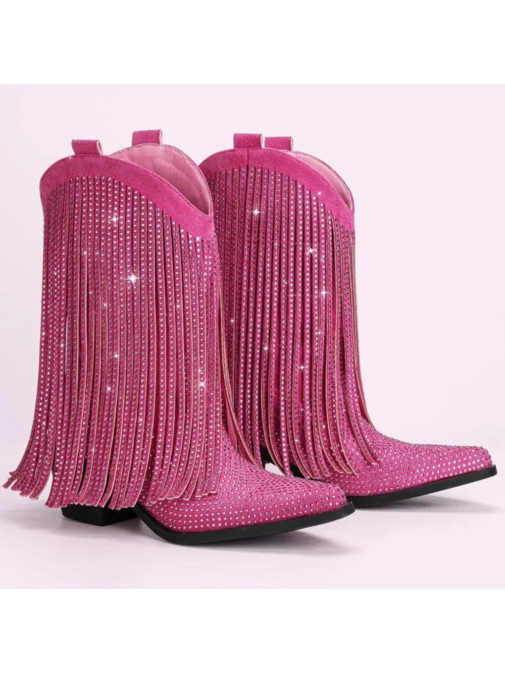 Women's Pink Cowgirl Mid Calf Star Studded Pointed Toe and Chunky Heel Boots - Picture 6 of 6